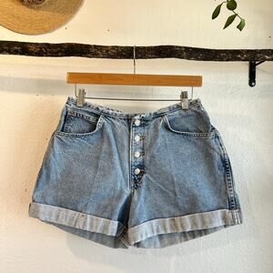Vintage 90s Blue Cotton Denim Button Fly Rolled Hem High Rise Shorts Size Small